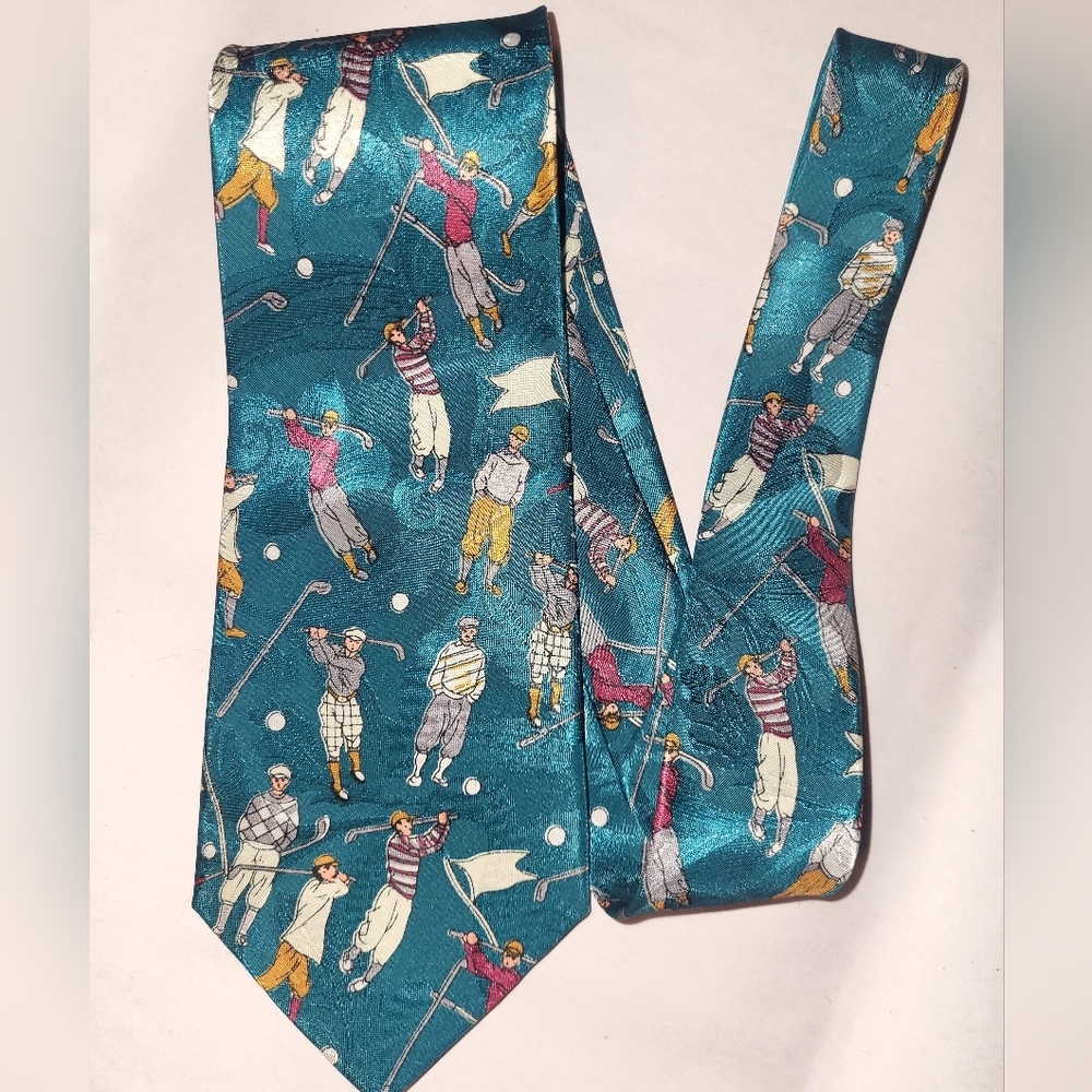 Old‎ School Golf Themed Silk Tie Hand Made Green